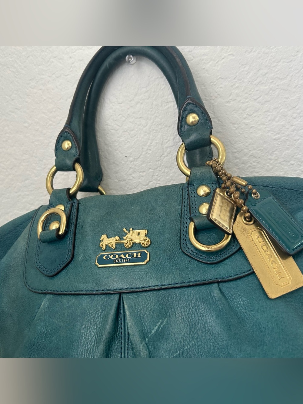 Coach Madison Leather Julianne Tote Teal and Gold Shoulder Bag Purse Handbag - Picture 3 of 12